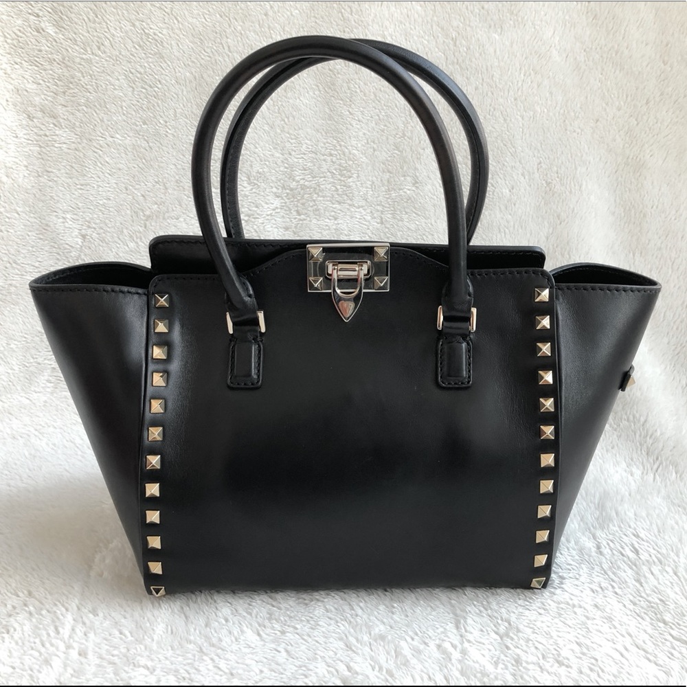 VALENTINO GARAVANI Black Rockstud Trapeze Tote Shoulder Bag Handbag